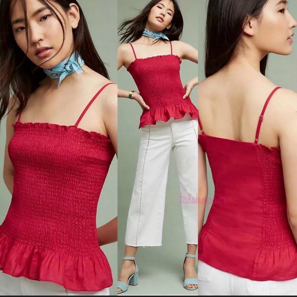 NEW Anthropologie Maeve Red Smocked Peplum Linen Blend Camisole Medium